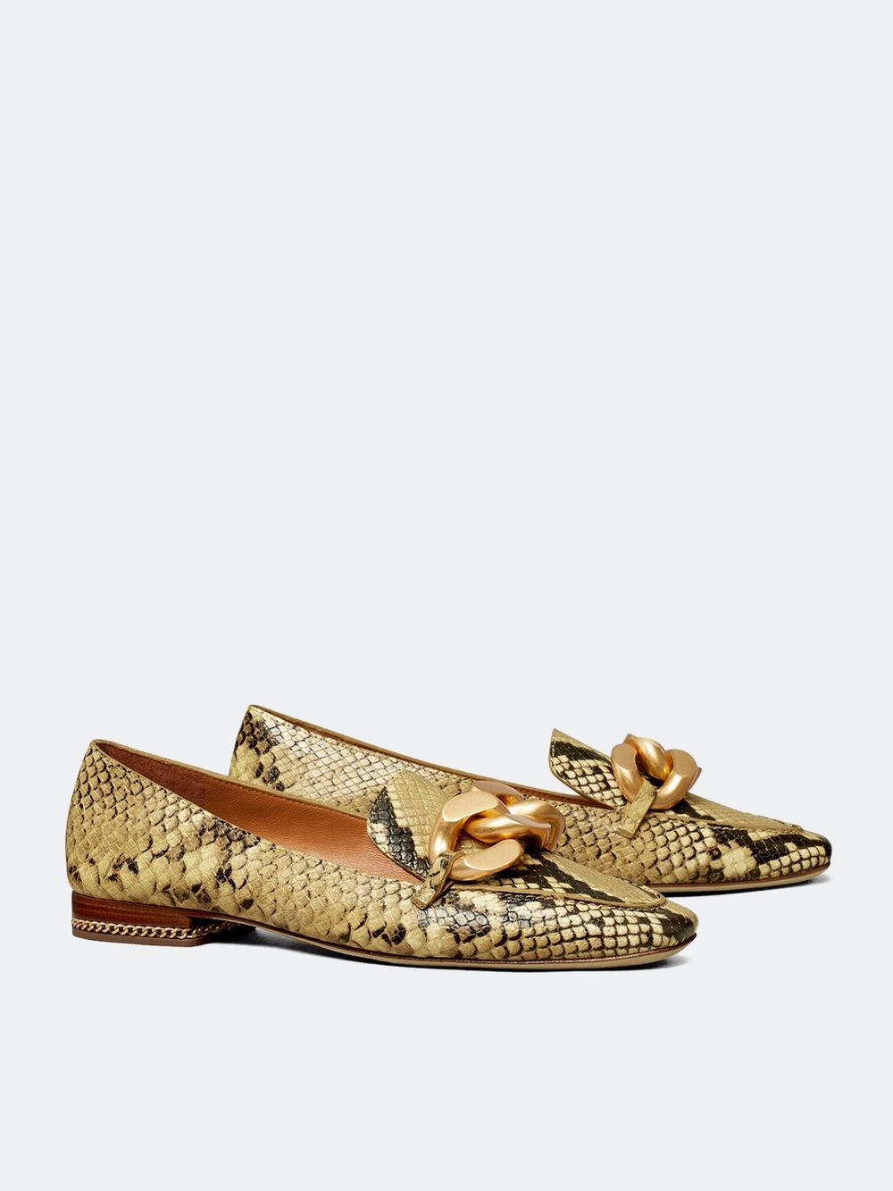 Tory Burch Gold Snake-Print Loafers with Chunky Chain
